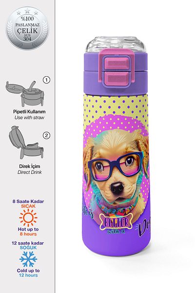 Coral High Kids Yellow Pink Cute Dog Patterned Steel Thermos with Straw and Direct Drinking 500 ml 31953