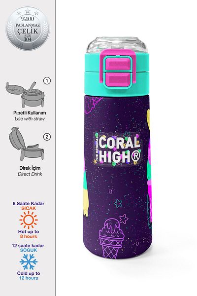 Coral High Kids Purple Pink Ice Cream Patterned Straw and Direct Drinking Steel Thermos 500 ml 31980