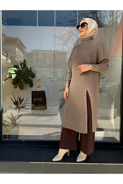 Invee سترة نسائية طويلة ذات ياقة صيد السمك وفتحة جانبية باللون البيج الداكن