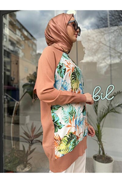 Invee Μπεζ γυναικείο πλεκτό τουνίκ - με σχέδιο στο μπροστινό μέρος