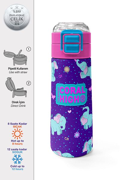Coral High Kids Purple Pink Elephant Patterned Steel Thermos with Straw and Direct Drinking 500 ml 31970