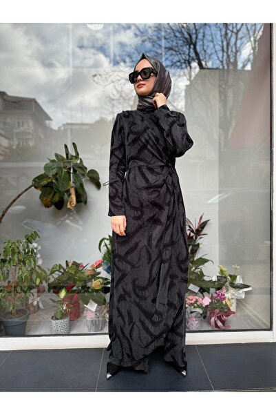 Almarwah Black Women's Self Patterned Jumpsuit with Drawstring Detail on the Front Black