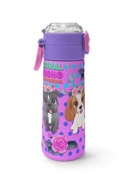 Coral High Kids Pink Dog Patterned Steel Thermos with Straw and Direct Drinking 500 ml 31951