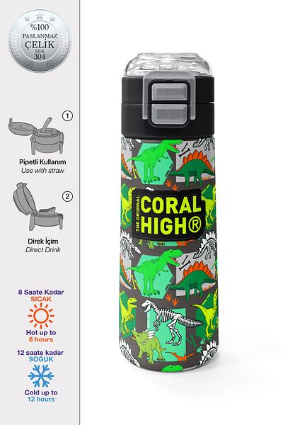 Coral High Kids Gray Green Dinosaur Patterned Straw and Direct Drinking Steel Thermos 500 ml 31976