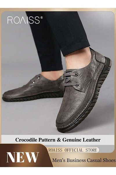 ROAISS Men Business Casual Shoes Genuine Leather Shoes with Crocodile Pattern Slip Resistant Soft Sole Lace