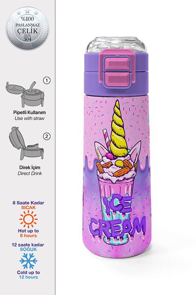 Coral High Kids Pink Milkshake Ice Cream Patterned Straw and Direct Drinking Steel Thermos 500 ml 31950