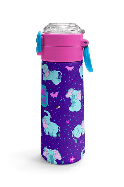 Coral High Kids Purple Pink Elephant Patterned Steel Thermos with Straw and Direct Drinking 500 ml 31970