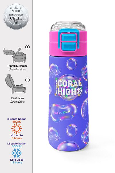 Coral High Kids Lavender Pink Bubble Patterned Straw and Direct Drinking Steel Thermos 500 ml 31981