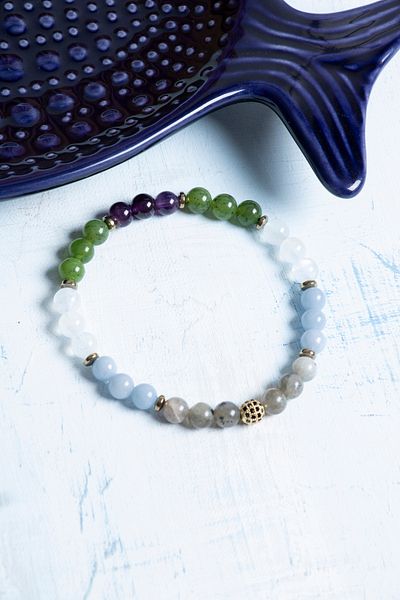 Deniz Doğal Taş Certified Amethyst, Labradorite, Aquamarine, Crystal Quartz and Jade Aquarius Bracelet