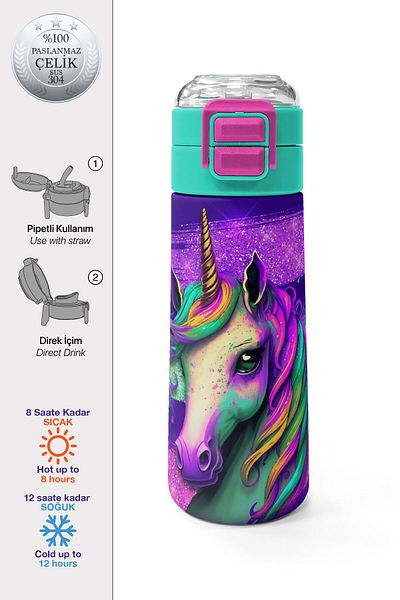 Coral High Kids Pink Water Green Unicorn Patterned Steel Thermos with Straw and Direct Drinking 500 ml 31959