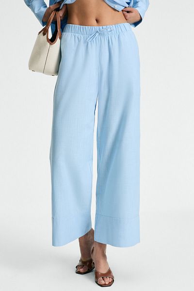 GRIMELANGE Melancholi Women's 100% Cotton Linen Look High Waist Elastic Waist Blue Trousers