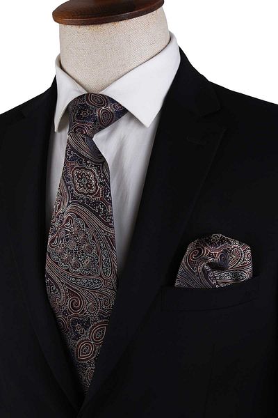 Kravatkolik Navy Blue Paisley Pattern Classic Tie with Handkerchief Kk13122
