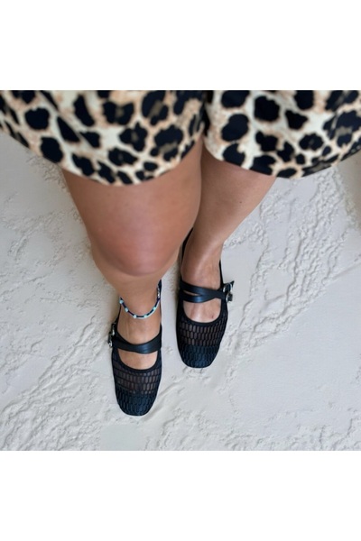 NE&VE SHOES Μαύρες δικτυωτές γυναικείες μπαλαρίνες με τετράγωνα δάχτυλα με στ...