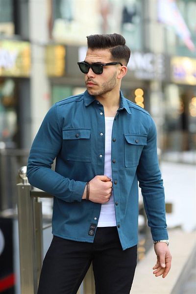 Pobudo Petrol Blue Color Double Pocket Snap Fastener Denim Shirt