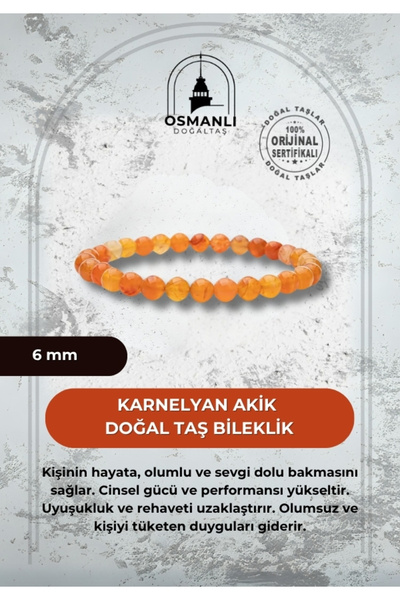 OSMANLI DOĞAL TAŞ Karnelyan Akik 6mm Doğal Taş Bileklik