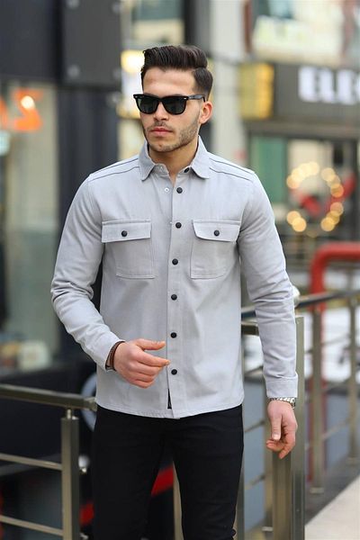 Pobudo Stone Color Double Pocket Snap Denim Shirt
