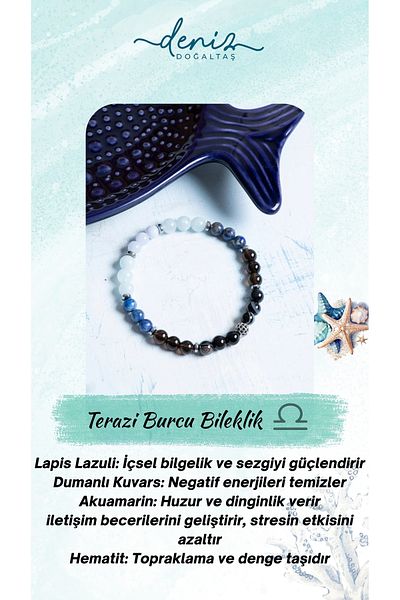 Deniz Doğal Taş Certified Eye Agate Lapis Smoky Quartz Aquamarine Hematite Libra Sign Bracelet