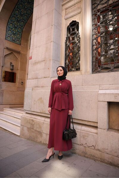 Yasmy Collection Kadın Bordo (VİŞNE) Renk Broş Detaylı Etekli Modal Kumaş Tak...