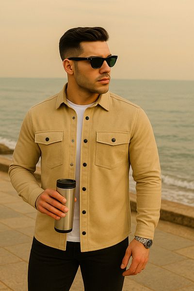 Pobudo Mink Color Double Pocket Snap Denim Shirt