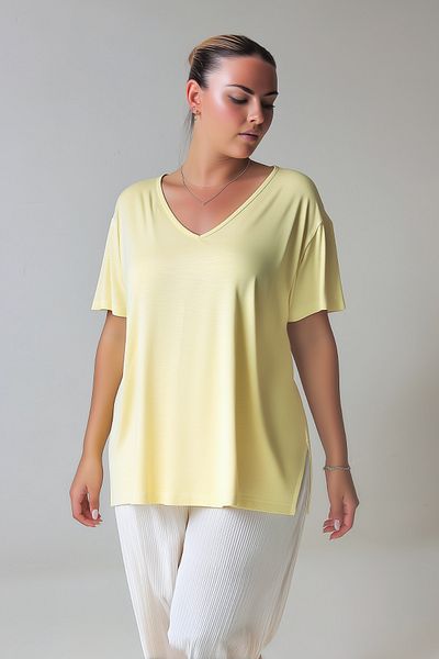 Hanezza Women's Plus Size Yellow Cotton Viscose T-Shirt with Side Slits (Oeko-Tex Series Fabric)