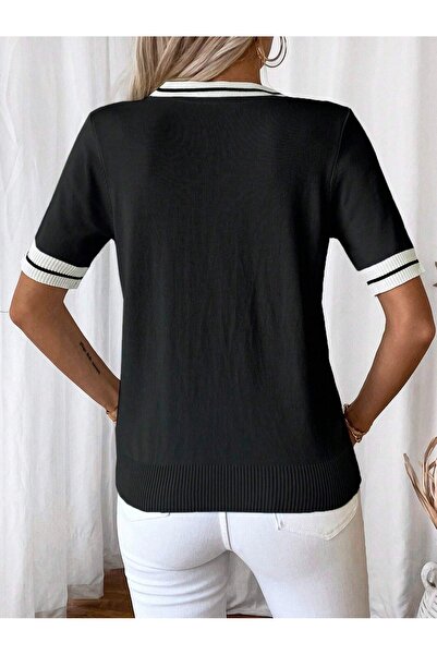 citystyle Bluză neagră în stil polo cu dungi în stil colegiu cu decolteu în V