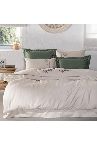 Ecocotton طقم لحاف مزدوج عميق 100% قطن عضوي ساتان مطرز يدويًا بيج-أخضر 200x220 C