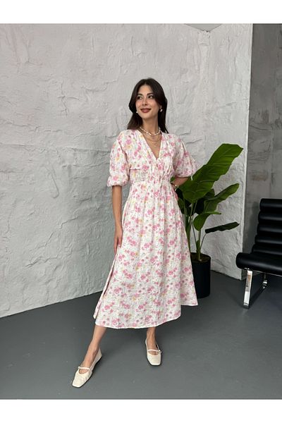 Elif Özbey Butik Pink Floral Lined Muslin Dress