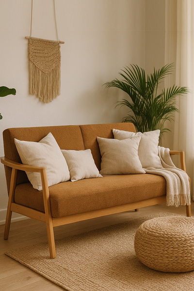 Zem Sevilla Bohem İkili Kanepe Natürel Ahşap, Hardal