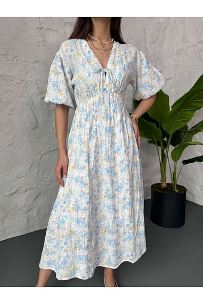 Elif Özbey Butik Rochie de muselină căptușită cu flori albastre