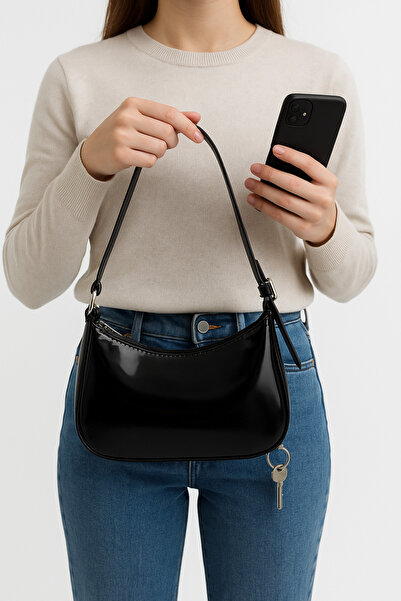 Satuna Small Shiny Black Women's Shoulder Bag |   Stylish Curved Form |   Wid...
