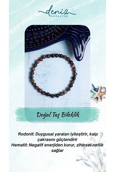 Deniz Doğal Taş Certified Rhodonite and Hematite Natural Stone Bracelet