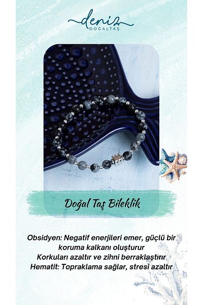 Deniz Doğal Taş Certified Obsidian and Hematite Natural Stone Bracelet