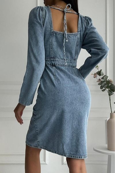 ZAROLİ Rochie midi din denim albastru - detaliu cu fante, maneca lunga