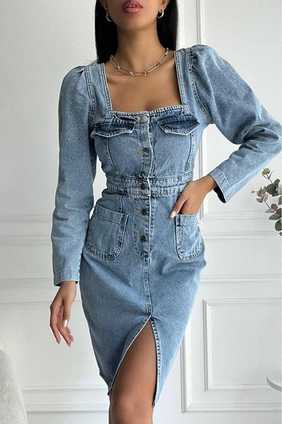 ZAROLİ Rochie midi din denim albastru - detaliu cu fante, maneca lunga