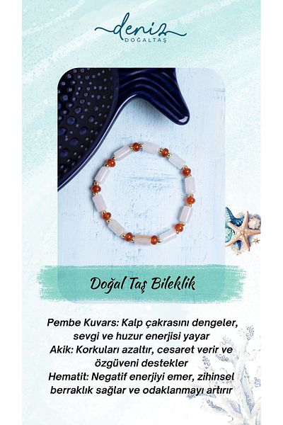 Deniz Doğal Taş Certified Pink Quartz, Agate and Hematite Natural Stone Bracelet