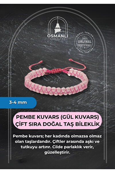 OSMANLI DOĞAL TAŞ Pembe Kuvars (gül Kuvars) 3-4mm Çift Sıra Doğal Taş Bileklik