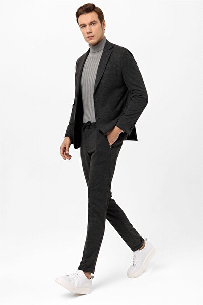 SÜVARİ Antrasit Slim Fit Armürlü Mono Yaka 6 Drop Klasik Takım Elbise