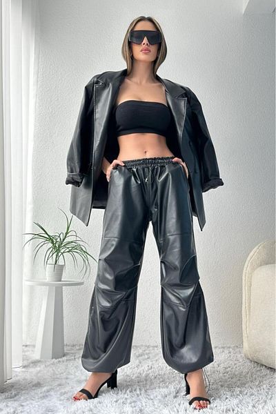 ZAROLİ High Waist Elastic Faux Leather Women's Jogger Black Pants
