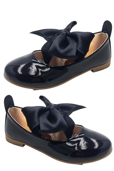 wakawakakidsstore Black Patent Leather Big Bow Girls' Ballerinas