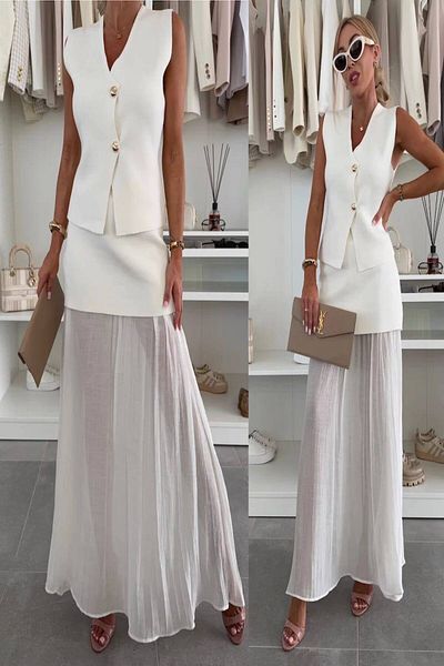 LE CARAMBOLE Women's Ecru Summer Knitwear Vest Chiffon Detailed Skirt Two-Piece Set