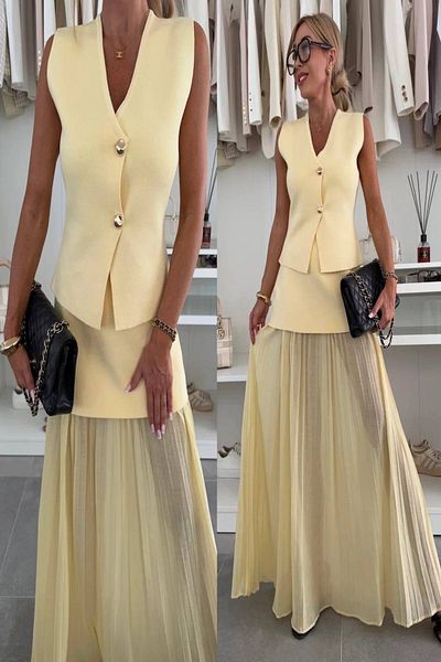 LE CARAMBOLE Women's Yellow Summer Knitwear Vest Chiffon Detailed Skirt Double Set