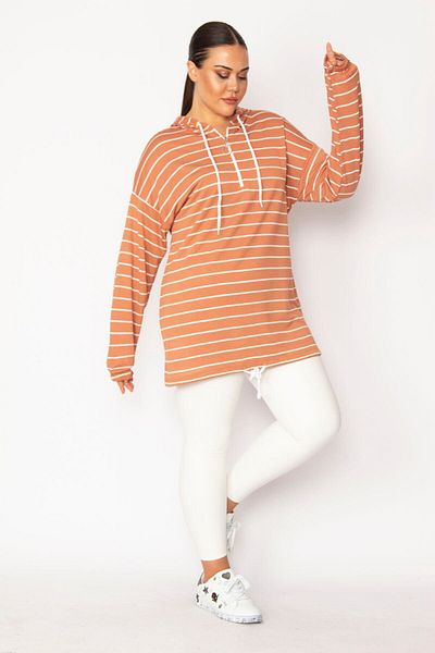 Şans Women's Large Size Tan Front Placket Zippered Eyelet and Lace Detailed Hooded Striped Tunic 65n28699
