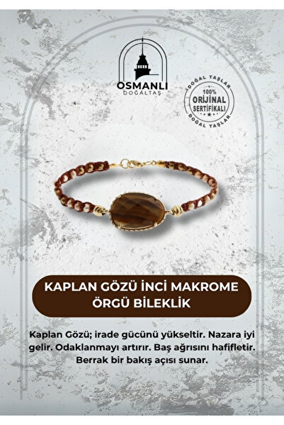 OSMANLI DOĞAL TAŞ Kaplan Gözü İnci Makrome Gümüş Kapama Örgü Bileklik