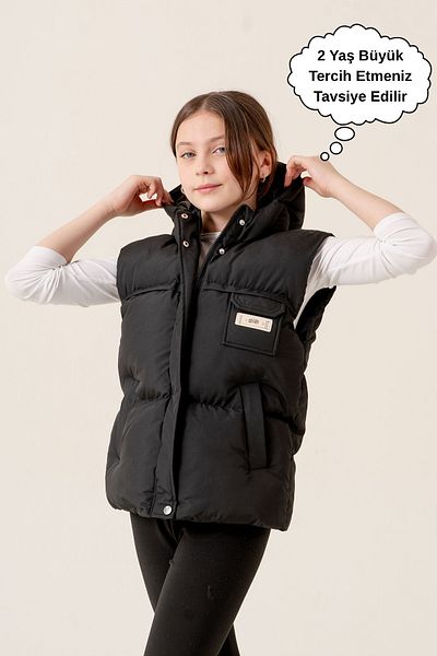 ASYAKİDS CLUB Girl's Hooded Pocket Lined Seasonal Puffer Vest