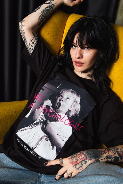 Bak Moda Call My Psychologist Printed Oversize Unisex Μαύρο Tshirt