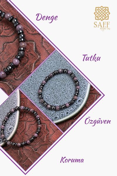 Saff Doğal Taş Certified Rhodonite and Hematite Emotional Balance Bracelet