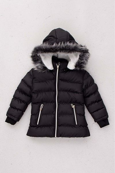 wakawakakidsstore Girl's Coat with Fleece Inside and Removable Hood Pocket - Black - Age 3