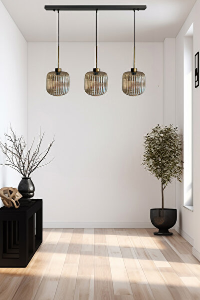 Bamyum Üçlü Mopa Cam Bal Rengi Avize İnce Eskitme Başlık Retro Sarkıt Lamba Restoran Salon Aydınlatma