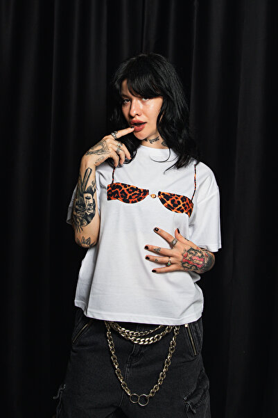 CİNEMA MODA Tricou alb pentru femei cu imprimeu leopard cu bikini minuscul