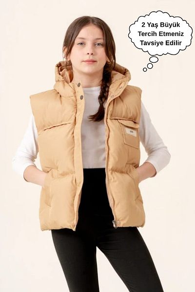 ASYAKİDS CLUB Girl's Hooded Pocket Lined Seasonal Puffer Vest